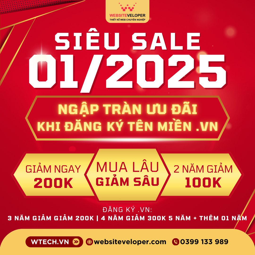Chào năm mới 2025, Websiteveloper mang đến chương trình GIẢM GIÁ SỐC cho khách hàng khi đăng ký mới tên miền .VN khi sử dụng dịch vụ thiết kế website